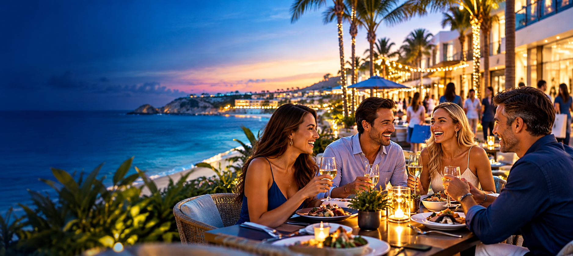 Friends enjoying dinner at a coastal destination